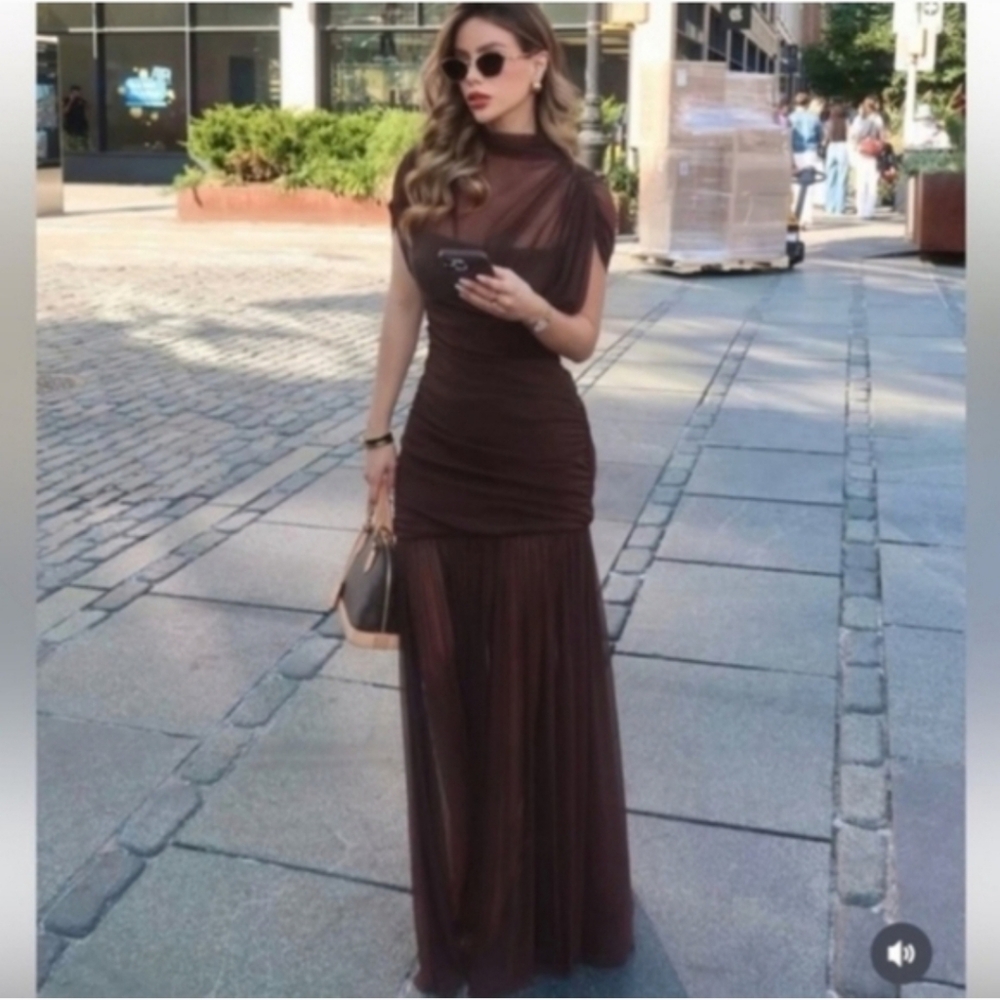 Zara Draped Midi Dress Brown NWT - Picture 4 of 16
